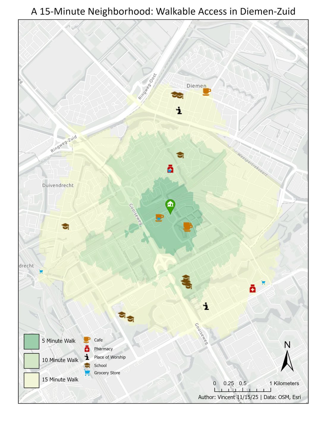 Walkability map of Diemen-Zuid, Amsterdam showing 5, 10, and 15-minute walking isochrones around an apartment with grocery, cafe, and pharmacy locations.