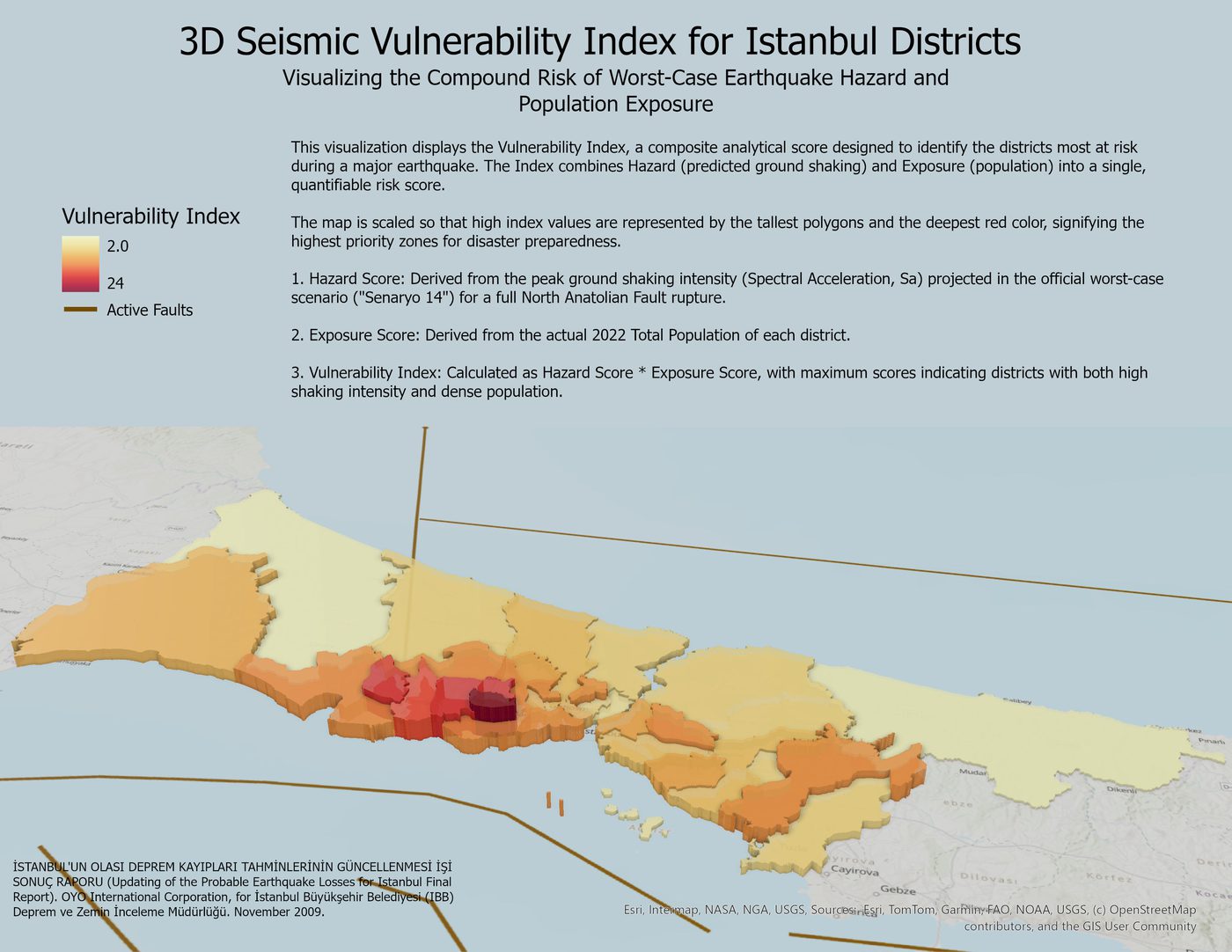 3D extruded map of Istanbul districts colored and raised by a seismic vulnerability index combining earthquake hazard and population exposure.