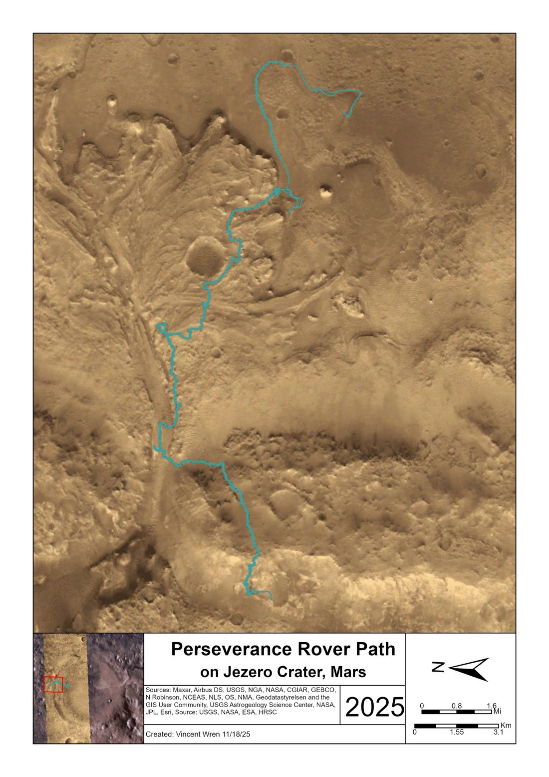 Cartographic map of NASA’s Perseverance rover path traced in cyan across the Jezero Crater delta on Mars, with scale bar, north arrow, and inset.