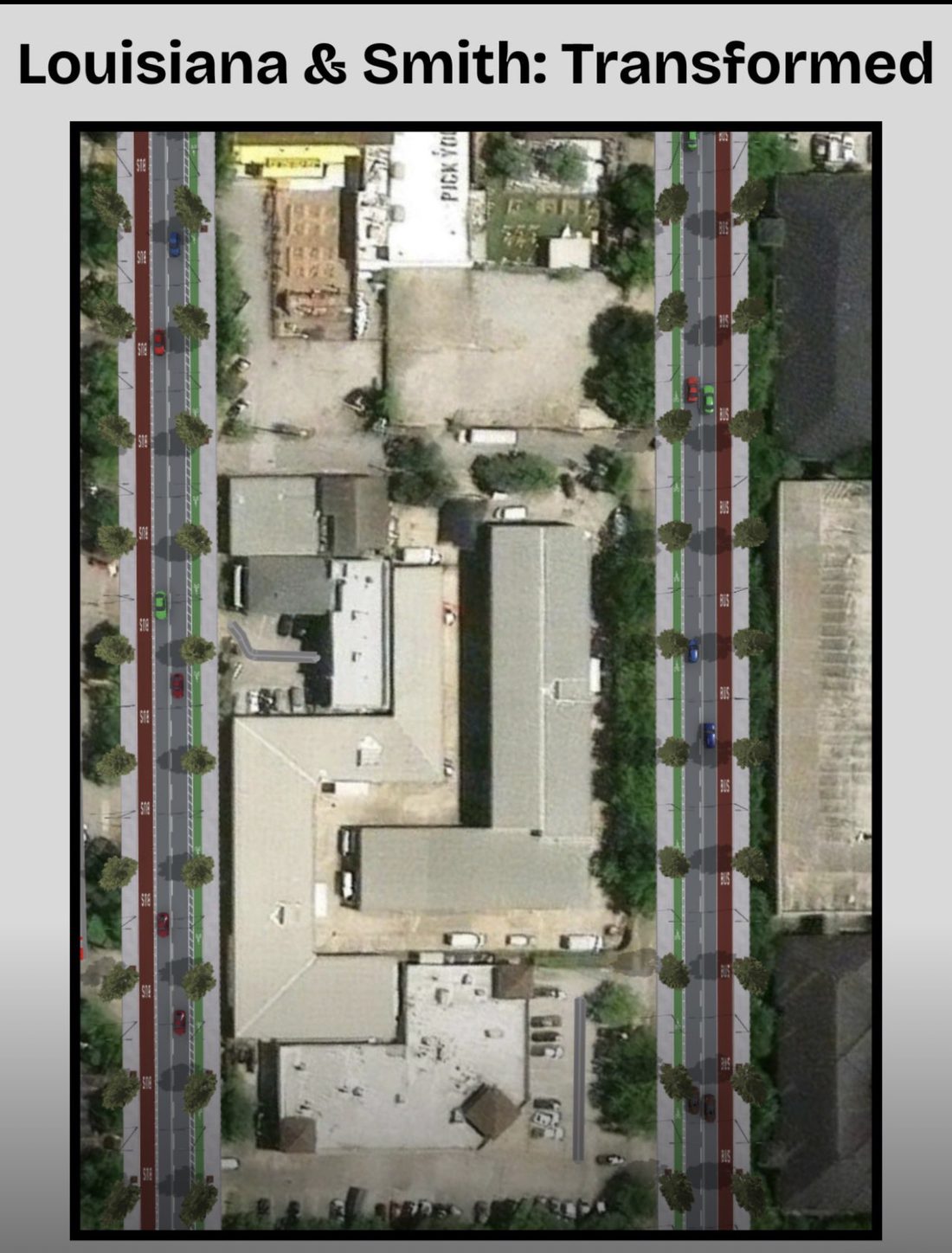 Aerial of the transformed corridor with protected bike lanes, bus lanes, and street trees.