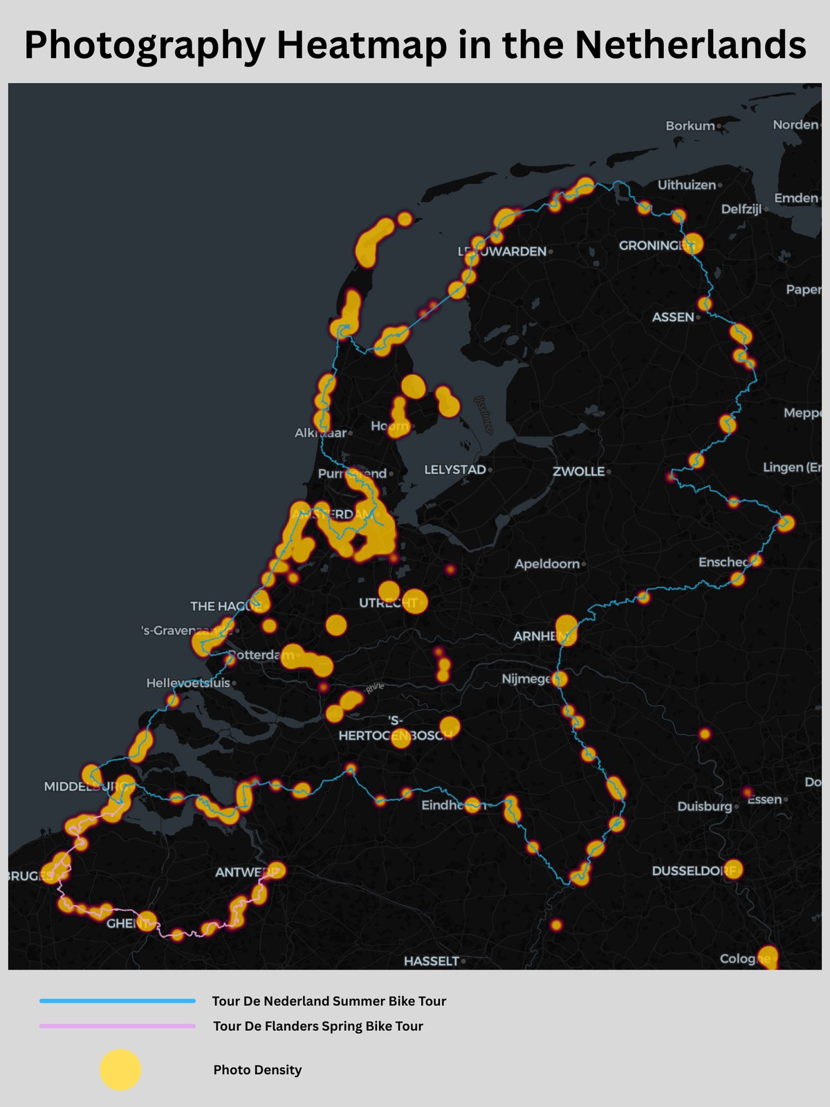 Heatmap of the Netherlands showing density of 13,000 geotagged photos in yellow, with two bike-tour routes overlaid as lines.