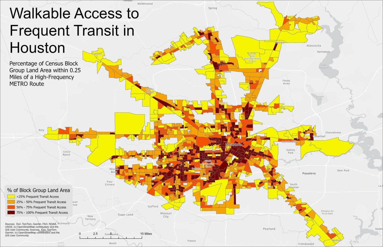 Map of Houston shaded by the percentage of each Census block group within a quarter-mile walk of a high-frequency METRO route.